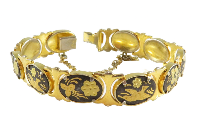 Kawahito Damascene Flower Bird Scene 7" Panel Bracelet