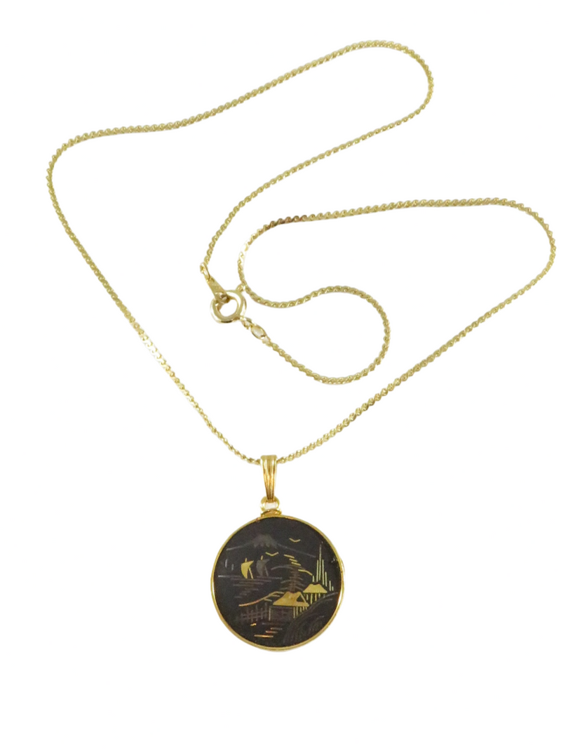 Vintage Kawahito Damascene Village Scene Disc 16" Chain Kyoto Japan — Jewelry & Watches:Men's Jewelry:Cufflinks • Gold — fron