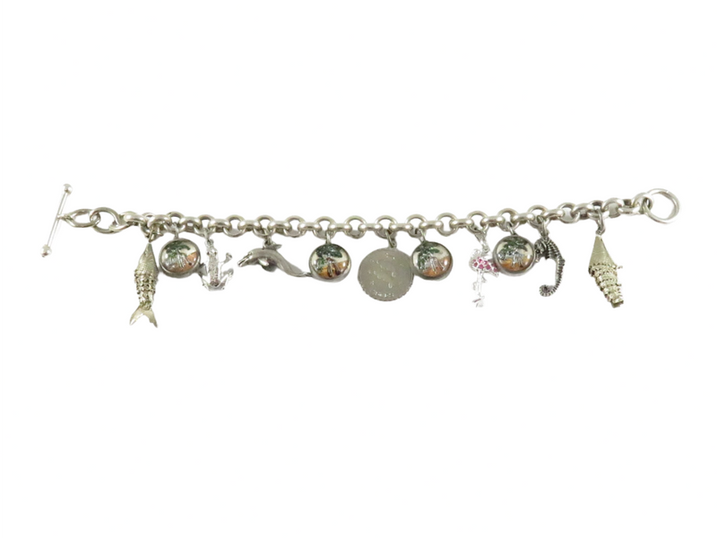 Vintage 8 1/4" Han 925 Rolo Link Chain Toggle Bracelet with Charms Heavy 37 Gram — Sterling Silver, Silver — front view