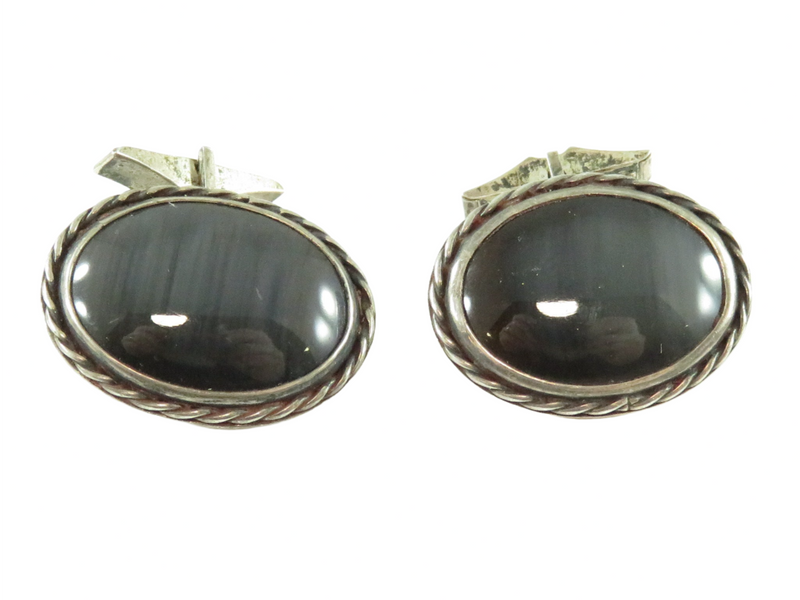 Sterling Silver Fancy Oval Polished Stone Cufflink Set Twisted Wire Surround