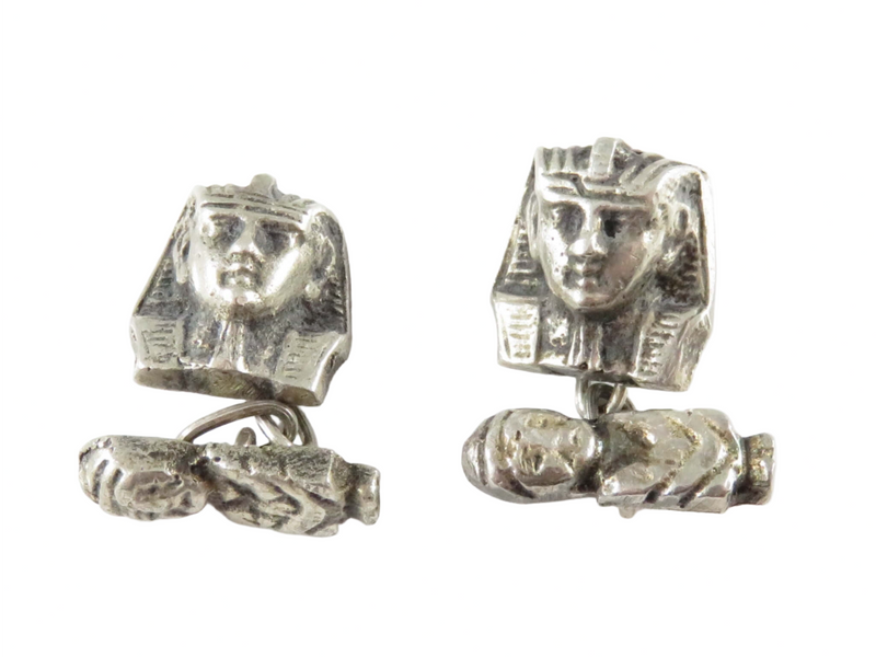 Art Deco King Tut Egyptian Revival 900 Silver Cufflink Set with Chain Linked Mum — Silver — front view