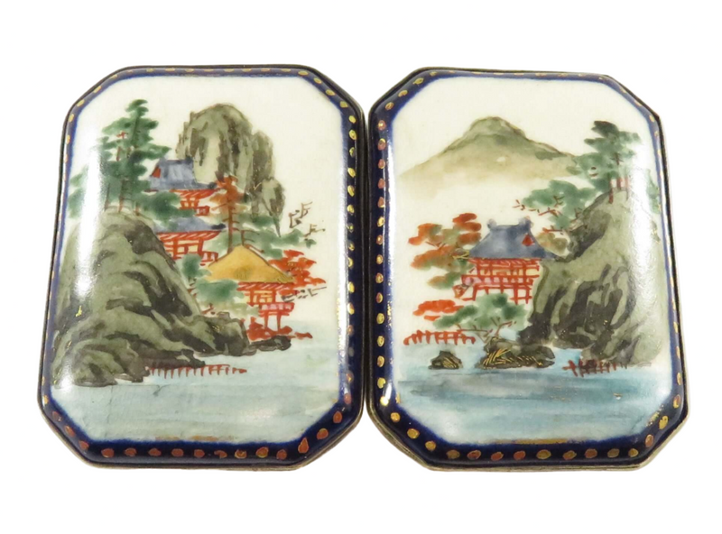 Antique Japanese Blue Trimmed Satsuma Sash Belt Buckle Set in Silver Village Sce — Jewelry & Watches:Men's Jewelry:Cufflinks