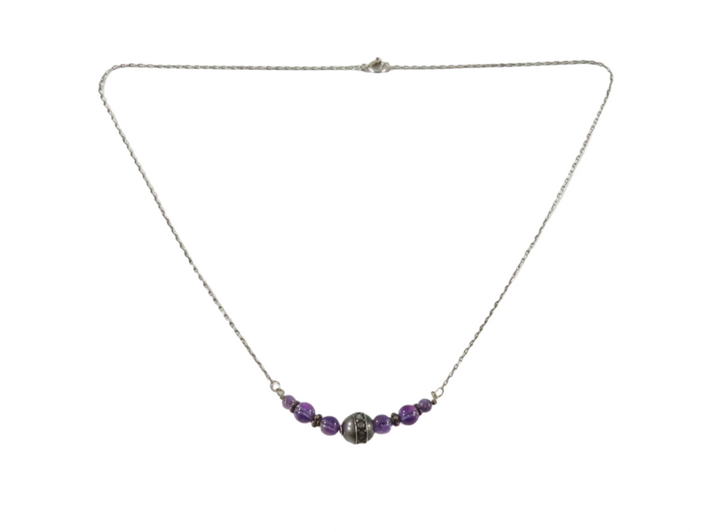 Sterling Silver Necklace with 6 Round Polished Amethyst