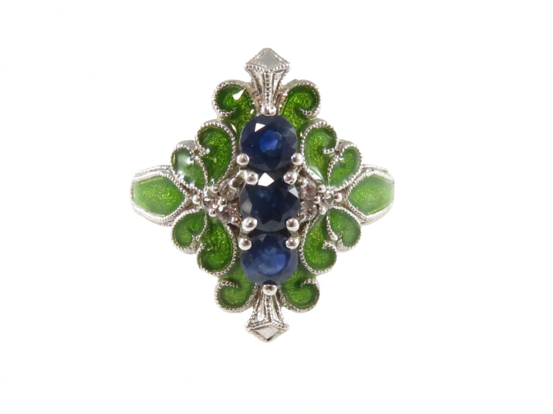 Generations 1912 Weinman Brothers Sterling Silver Green Enamel Sapphire Ring — Mid Century • Sterling Silver, Silver • Sapphi