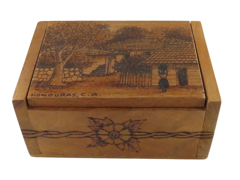 Honduras. C. A. Wood Jewelry Trinket Box With Village Scene and Flowers