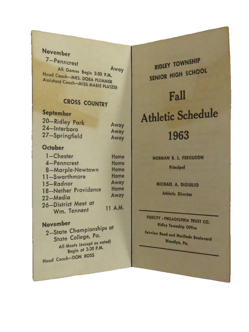 Rare 1963 Ridley Township Senior High School Athletics Schedule Card Woodlyn PA