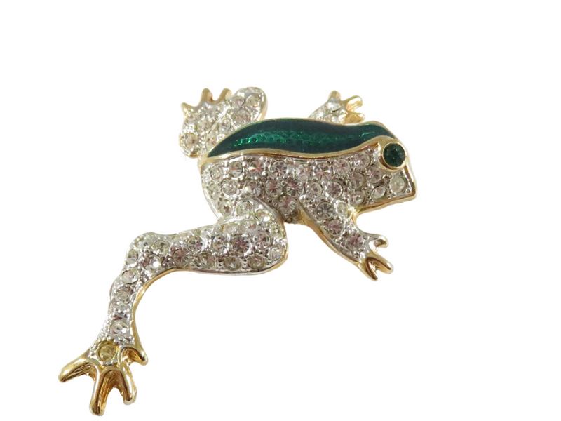 Sparkling Roman Tree Frog Brooch with Rhinestones and Enamel