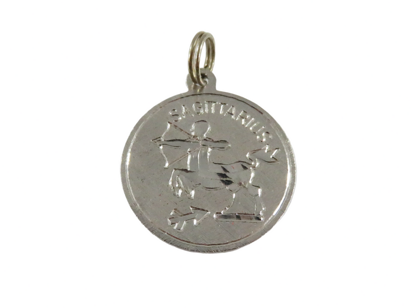Vintage Sagittarius Brushed & Cut Sterling Silver Coin Charm — Sterling Silver, Silver — front view