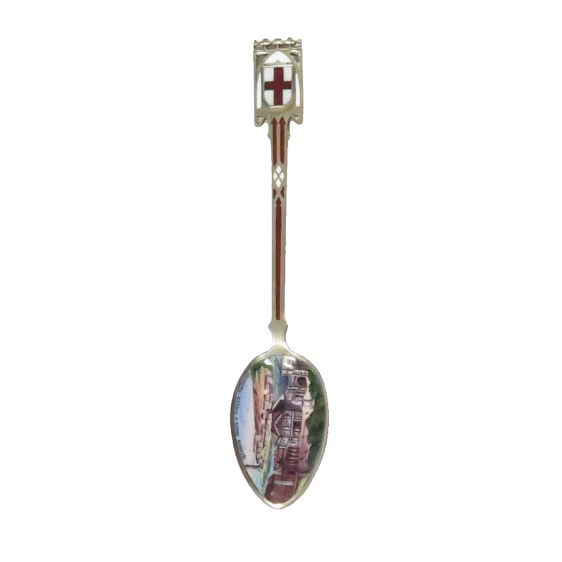 Vintage 800 Silver Spoon Hand Painted Enamel Genova E Piazza Aquaverde — Silver, Enamel — front view