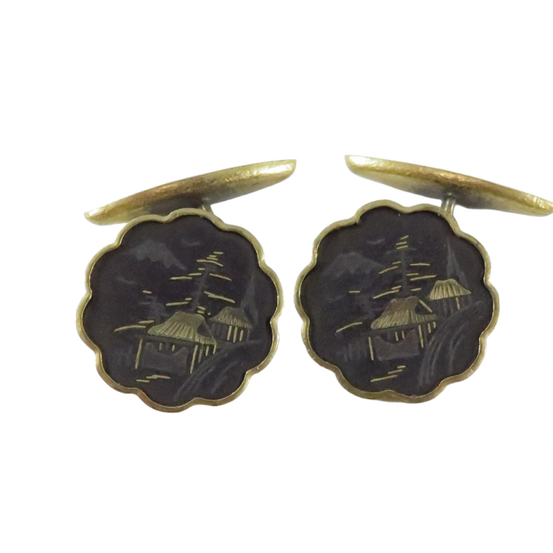 Japanese Damascene Village View Chain Link Cufflinks Set