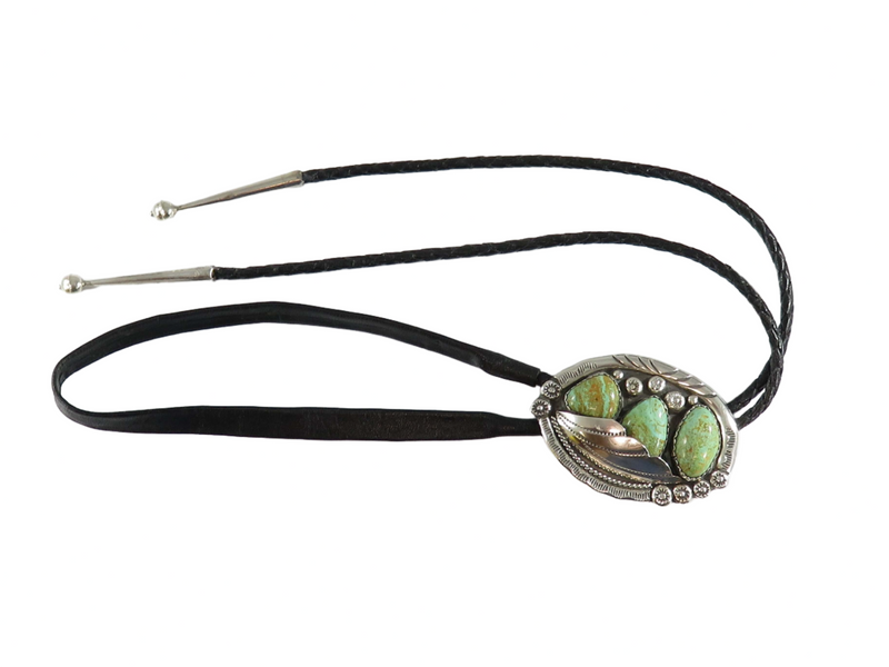 Beautiful Vintage Green Turquoise Large Sterling Bolo Tie by Navajo Roy Buck — front view