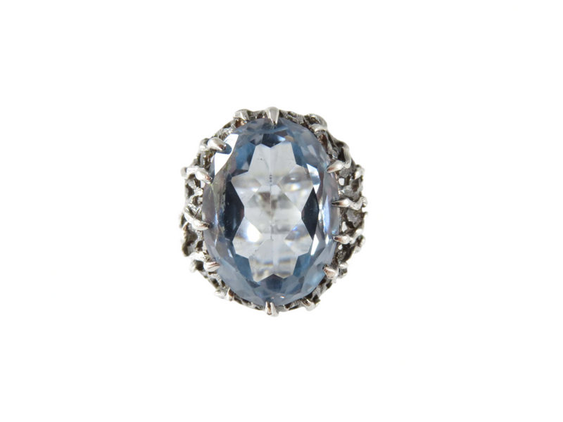 Oval Synthetic Aquamarine Set in Pierced Sterling Silver Band Statement Ring — Men's Jewelry • Sterling Silver, Silver — fron