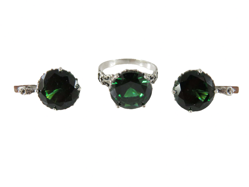 Fancy Vintage Sterling Ring & Earring Set Round Green Tourmaline Glass European