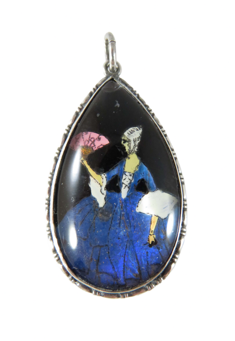 Antique French Silver Pendant Painted Woman on Blue Morpho Butterfly Wing