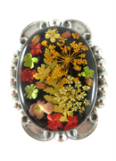 Vintage Dried Flower Cabochon Pendant Brooch Black Oval Sterling Silver 925