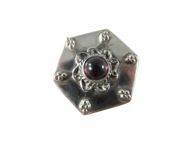 Vintage Sterling Cabochon Garnet Topped Octagon Snuff Box, Stash Box, Pill Box