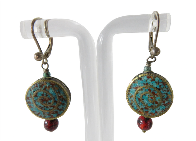 Southwestern Style Mixed Media Artisan Dangle Earrings Brass, Sterling, Stone