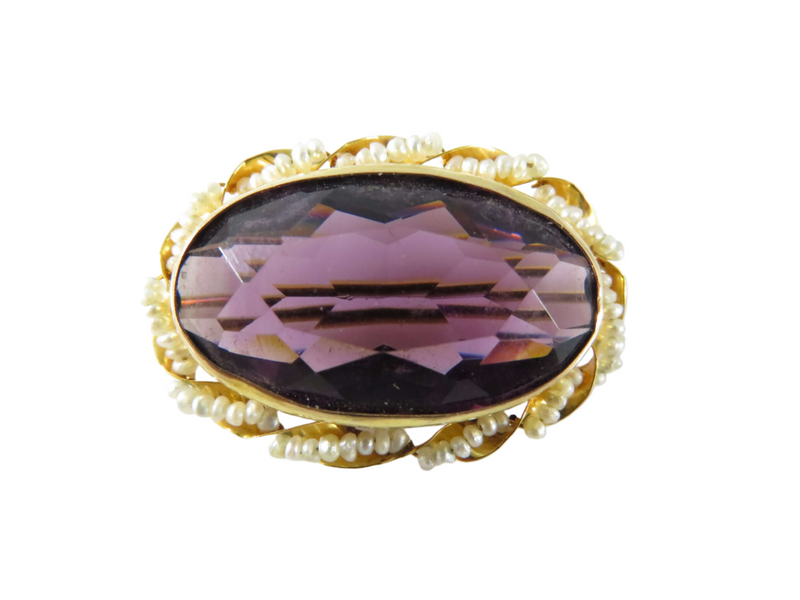 Art Nouveau Style 10K Seed Pearl Wrapped Purple Glass Brooch Pin by Marathon