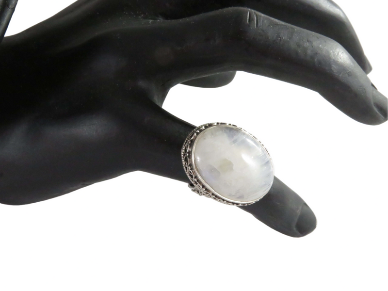 Fancy Setting Sterling Silver Cabochon Milky Moonstone Glass Ring Size 5.25 — Sterling Silver, Silver — front view