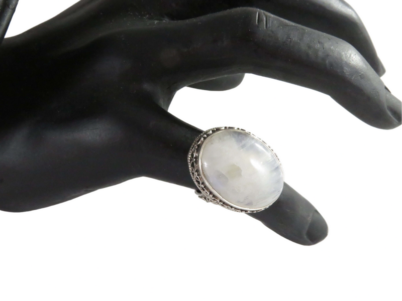 Fancy Setting Sterling Silver Cabochon Milky Moonstone Glass Ring