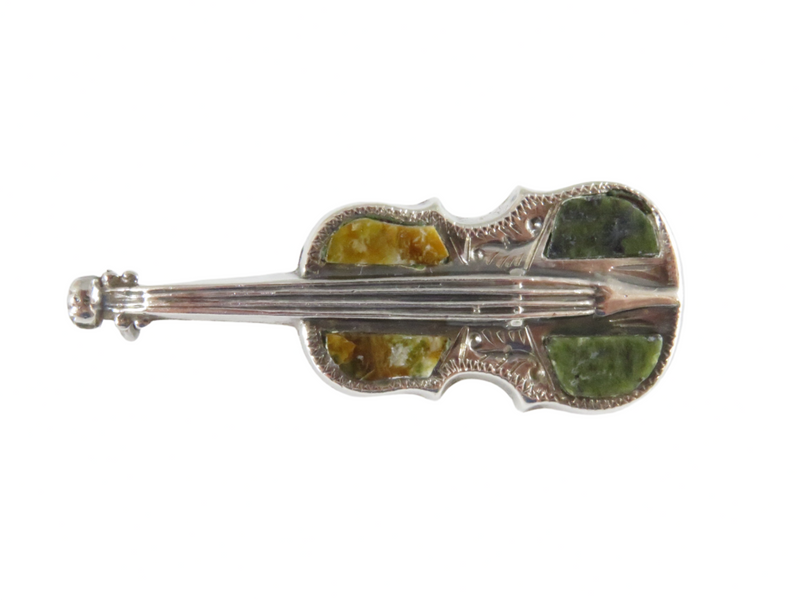 Victorian Sterling Silver Violin Cello Hardstone Brooch Pin Signed WHL STG.SIL