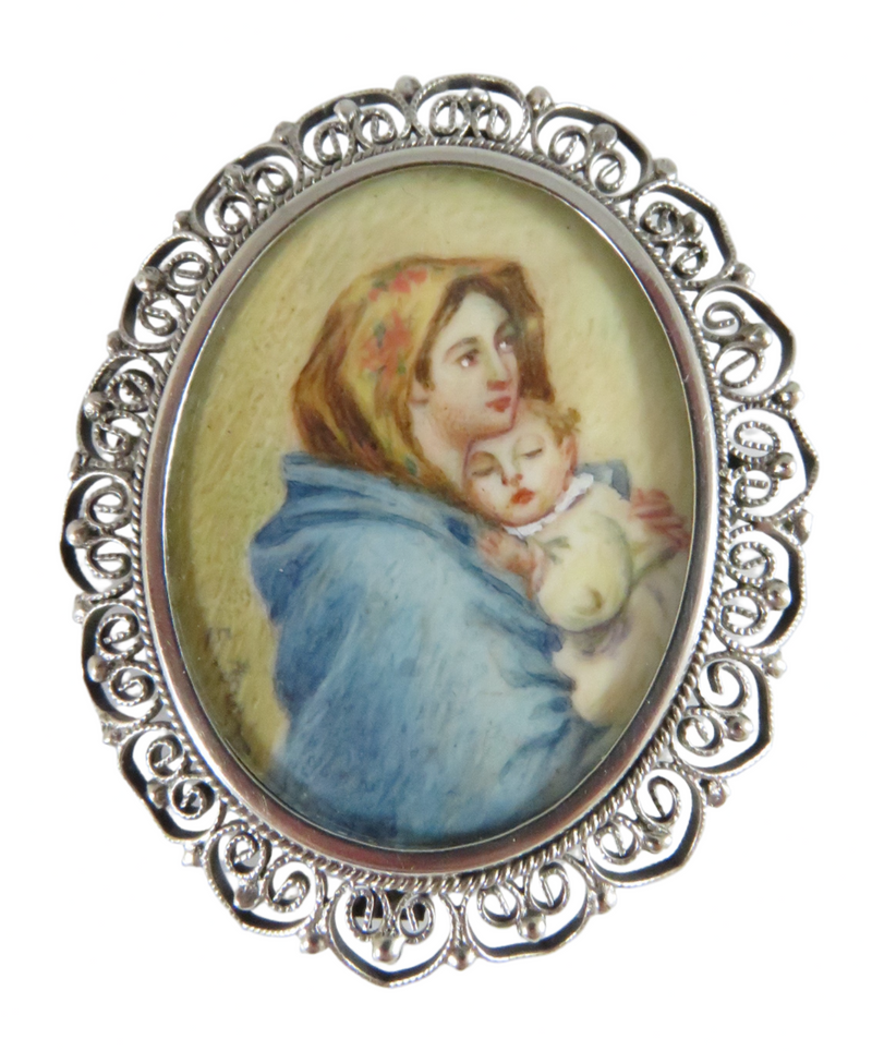 Old Hand Painted Miniature Madonna of the Streets 800 Silver Pendant Brooch