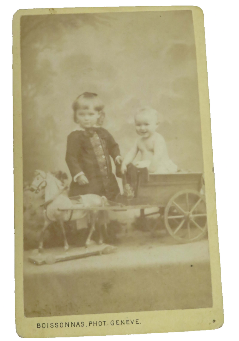 c1880 Frédéric Boissonnas Child & Baby Horse and Wagon Toy CDV Photograph