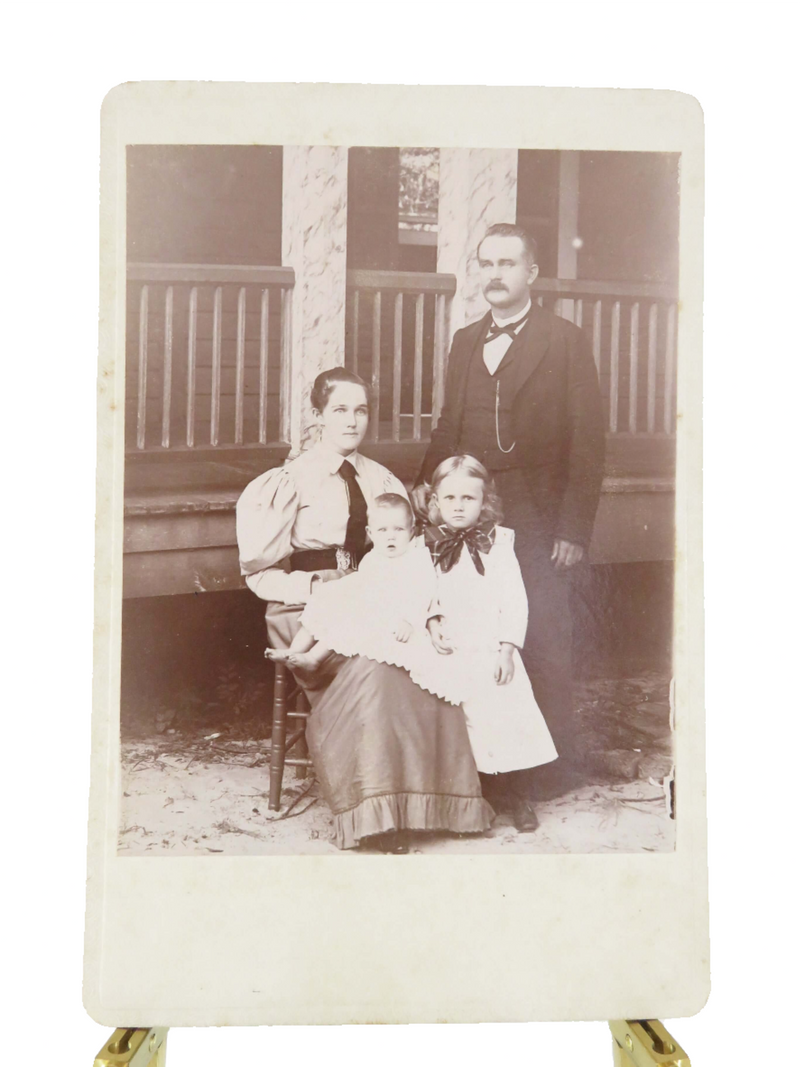 Antique Early Cabinet Card of Family in Front of Home Mom Dad Sister Baby — front view