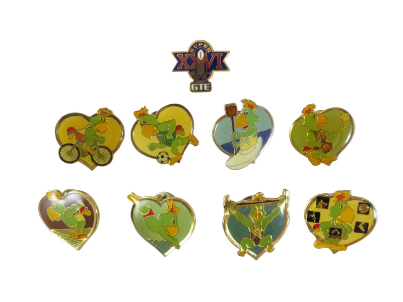 8 x 1985 U.S. Olympic Pan American Games Parrot Pin Backs PAX Made by Marsh — front view