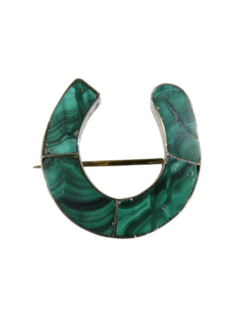 Antique Scottish Malachite Horseshoe Brooch Silver Circa Victorian Era Unsigned — Sterling Silver, Silver — front view
