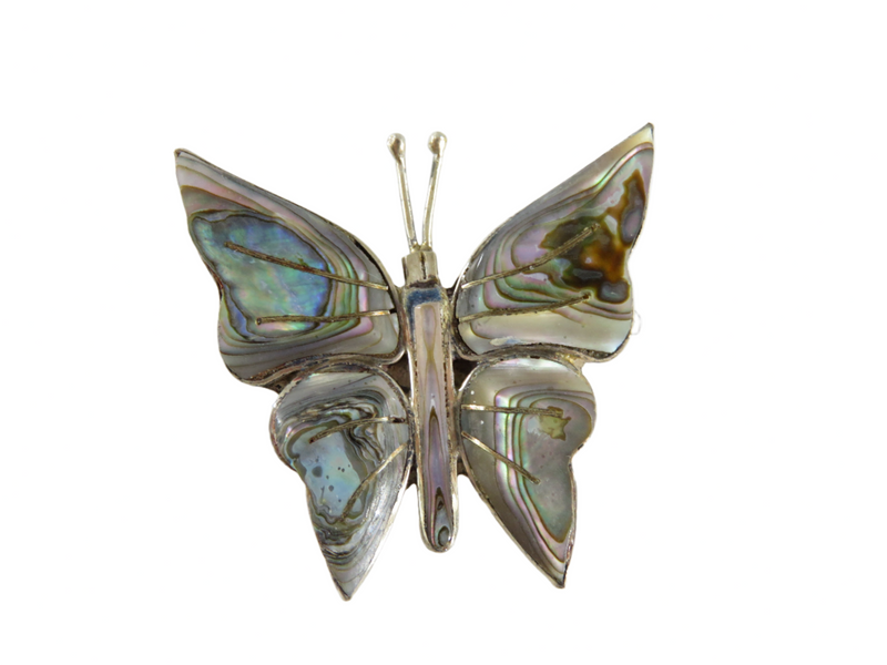 Vintage 1950's Abalone Inlay Butterfly Pin Sterling Silver Taxco Mexico RS 925