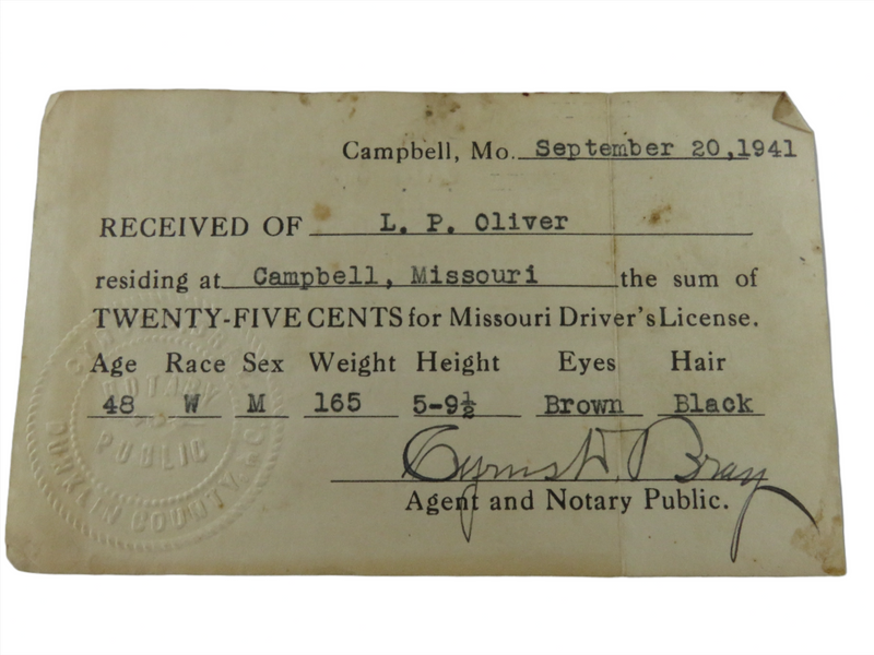 Sept 20 1941 State of Missouri Driver's License for L.P. Oliver Campbell MO