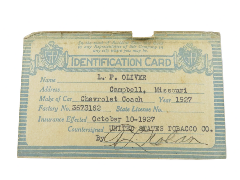 Oct 10 1927 Identification Card US Tobacco Company General Accident Insurance Card — front view