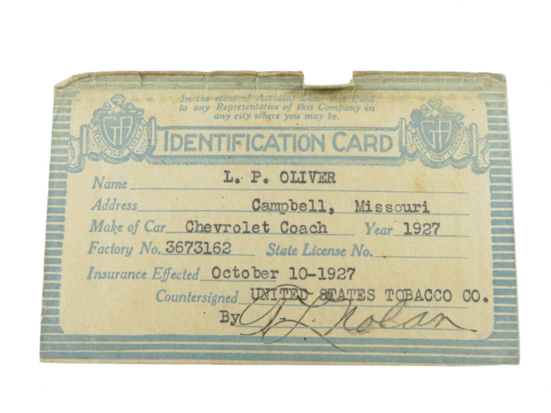 Oct 10 1927 Identification Card US Tobacco Company General Accident Insurance Card