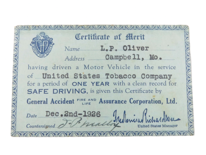 Dec 2nd 1926 Certificate of Merit US Tobacco Company General Accident Insurance