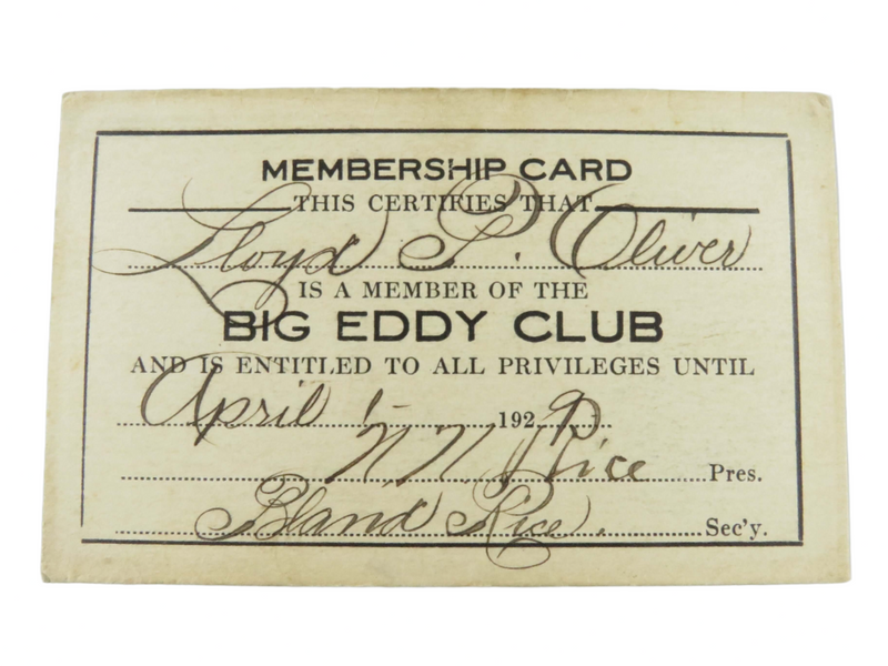 1929 Big Eddy Club N.N. Rice, Bland Rice, Lloyd P Oliver Membership Card