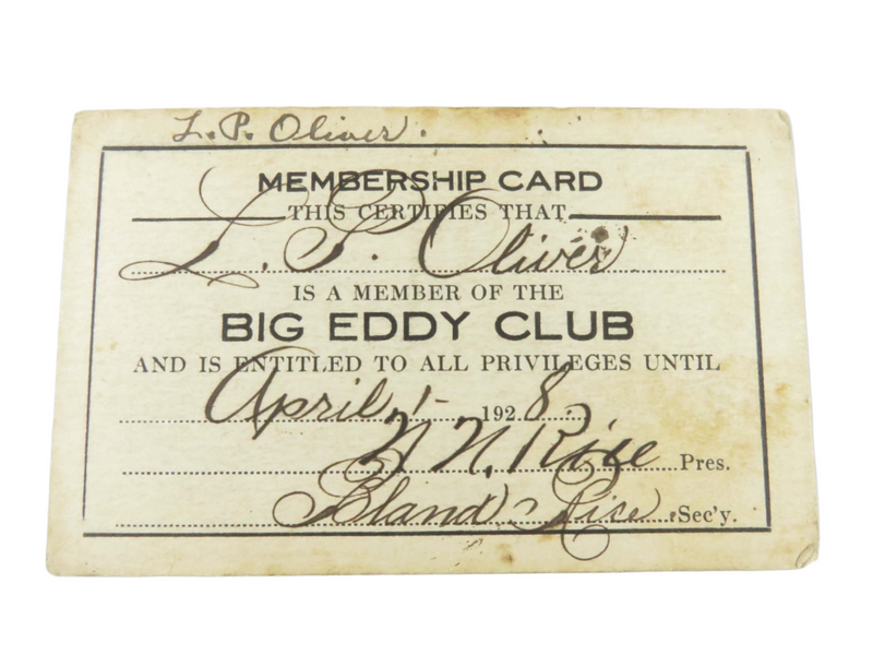 1928 Big Eddy Club N.N. Rice, Bland Rice, Lloyd P Oliver Membership Card