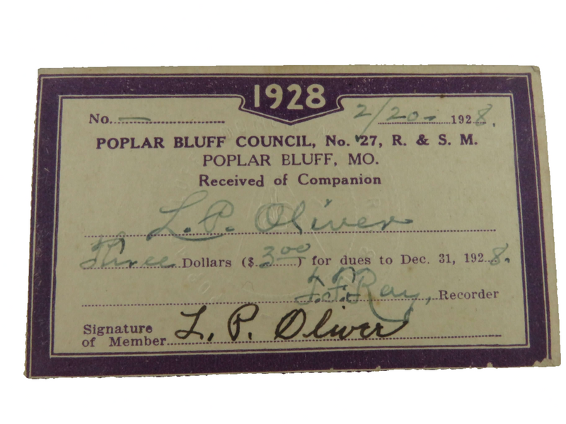 1928 Masonic Poplar Bluff Council No 27 Poplar Bluff MO Lloyd P Oliver Membership