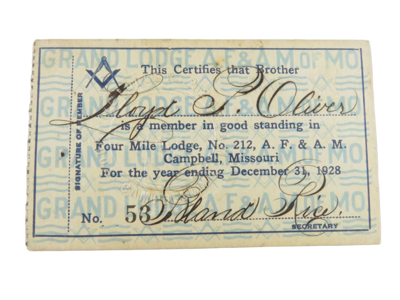 1928 Masonic Four Mile Lodge No 212 Campbell MO Lloyd P Oliver Membership Card