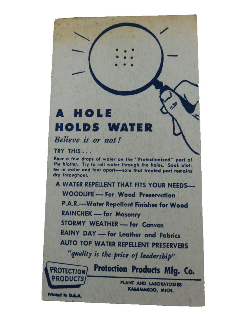 A Hole Holds Water Advertising Card by Protection Products Mfg. Co. Kalamazoo