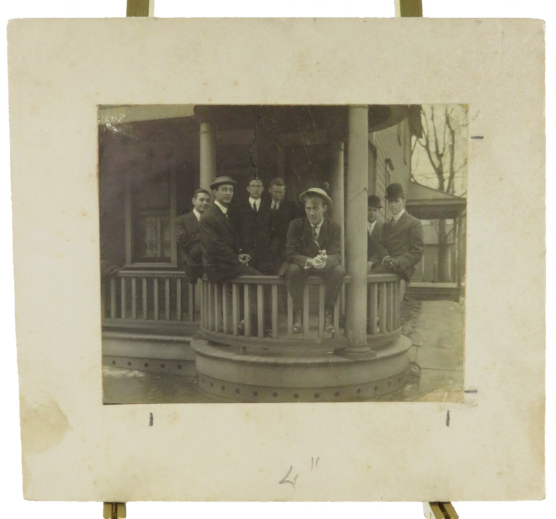 Unsigned Antique Photograph of 7 Men on Curved Porch Circa 1920's