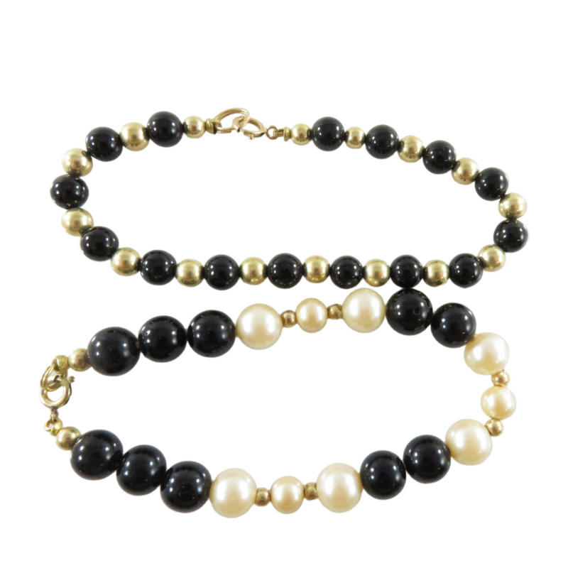 Pair of 1/20 12K Gold Filled Gold Ball Black & Black and White Faux Pearl Bracelets