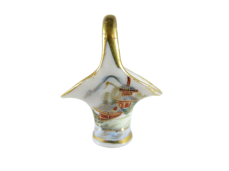 Hand Painted Japan Miniature Gold Gilt Wedding Basket Porcelain Ceramic Miniature — Gold — front view