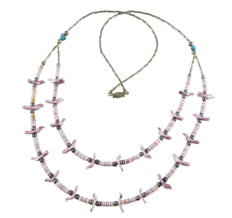 Zuni Hand Carved Purple Shell Double Strand 23" Fetish Necklace with Turquoise