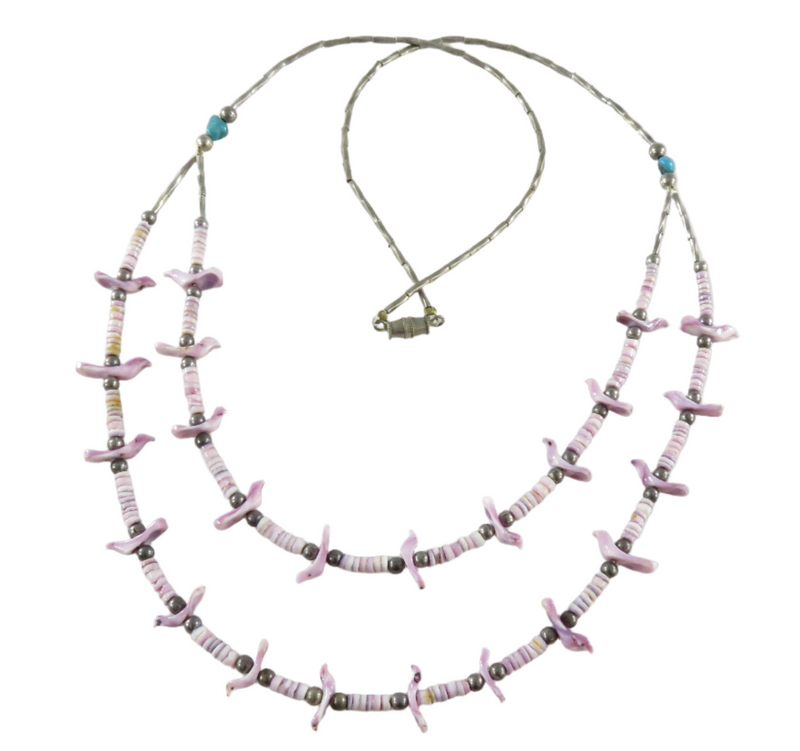 Zuni Hand Carved Purple Shell Double Strand 23" Fetish Necklace with Turquoise — Silver • Pearl — front view