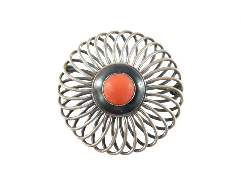 Mid Century Modern Round Spiraling 935 Silver Red Cabochon Coral Brooch