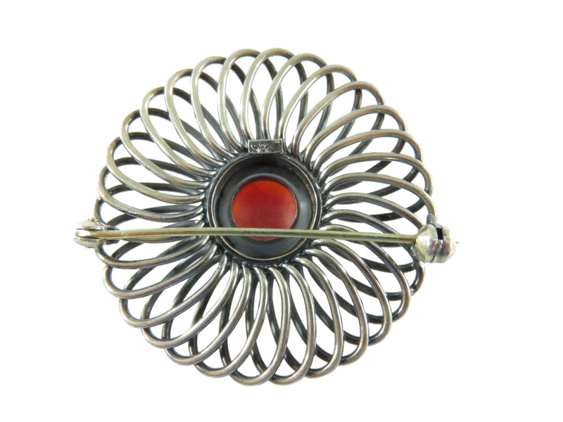 Mid Century Modern Round Spiraling 935 Silver Red Cabochon Coral Brooch Back View