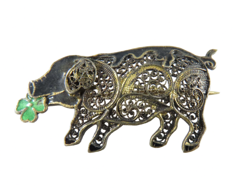 Antique Chinese Sterling Silver Enamel 4 leaf Clover Lucky Pig Filigree Brooch — Sterling Silver, Silver — front view