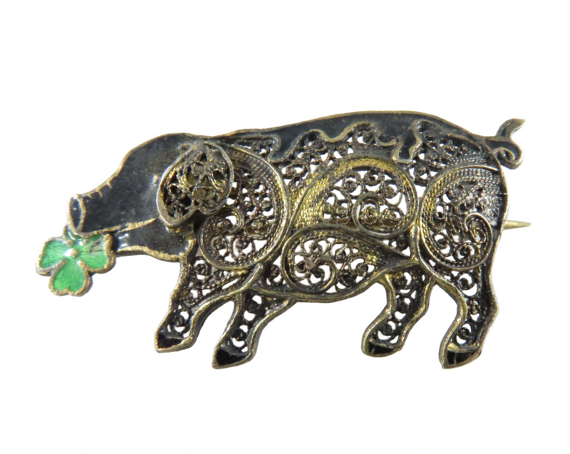 Antique Chinese Sterling Silver Enamel 4 leaf Clover Lucky Pig Filigree Brooch Front View