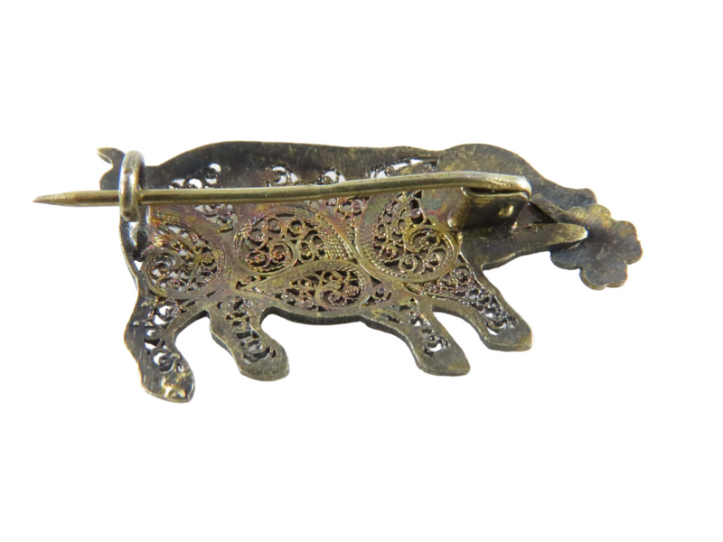 Antique Chinese Sterling Silver Enamel 4 leaf Clover Lucky Pig Filigree Brooch Back View